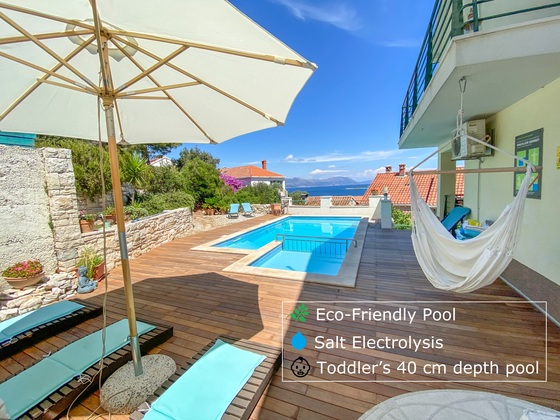 Pool area with the BBQ behind the Pool - Luxury apartment in Lumbarda, Korcula